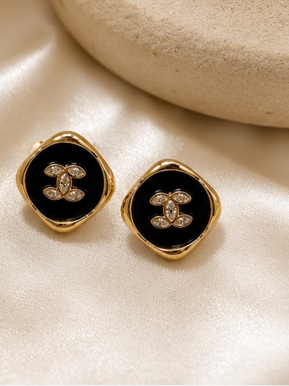 ✨ Designer Inspired Black & Gold Enamel Crystal Stud Earrings